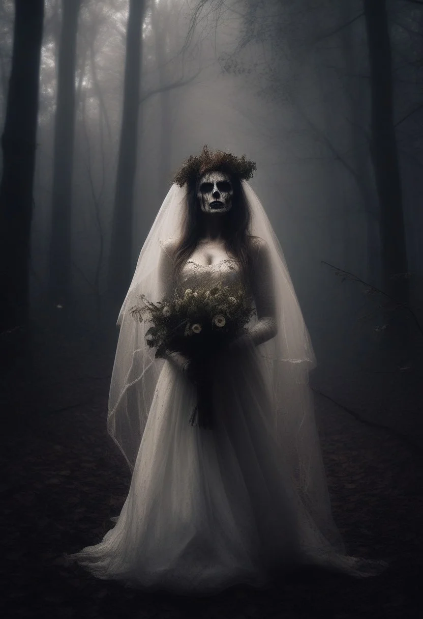 (3/4 photo) of 2 zombie bride, holding a wilted bouquet, stanting in an overgrown aisle in a forest with a ghostly veil trailing behind her, as the wind whispers through the trees, showing the rotten flesh.