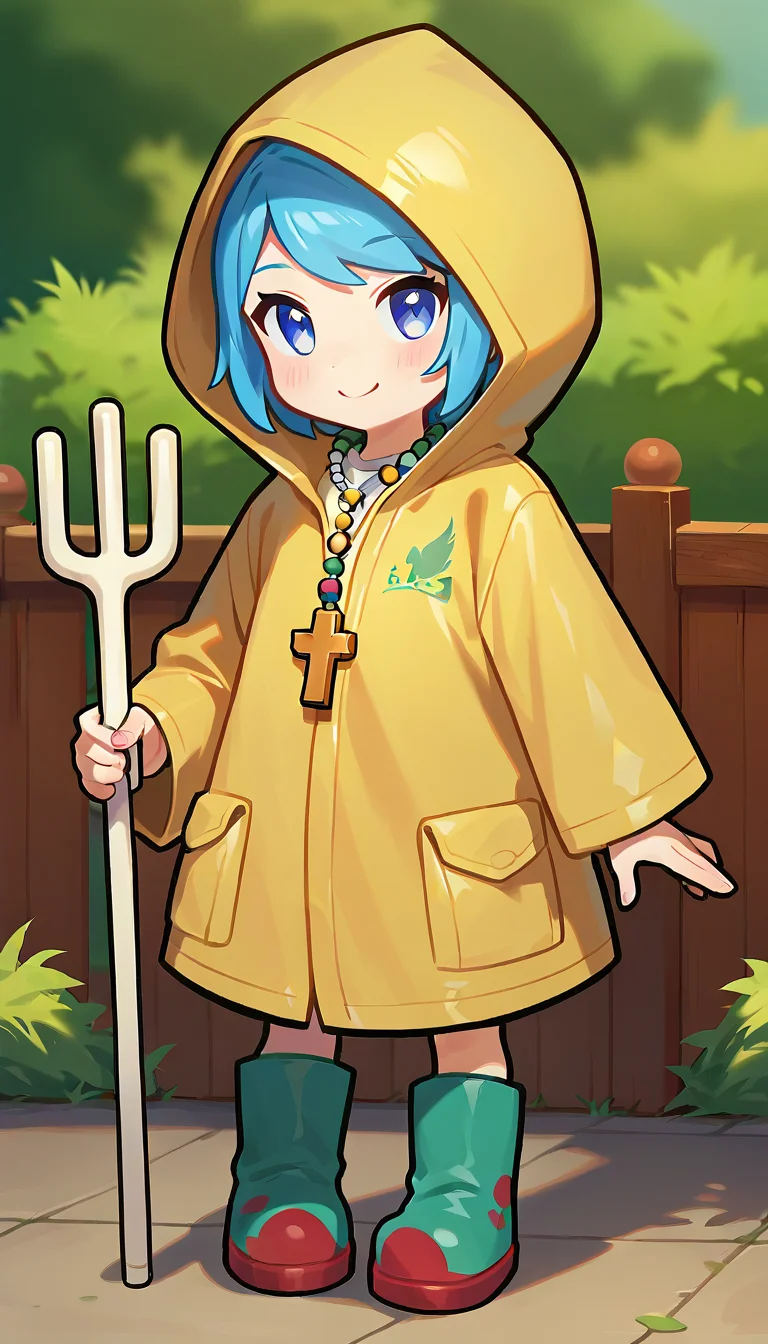 score_9,score_8_up,score_7_up,score_6_up BREAK official art,1girl,solo,outdoors,cowboy shot,looking at viewer,facing viewer,smile,blush,chibi,Luce,short hair,blue hair,swept bangs,blue eyes,jewelry,beads,cross necklace,hood up,yellow raincoat,white shirt,long sleeves,pocket,holding staff,rubber boots,green footwear,red footwear,<lora:Luce(jubilee_2025)-Pony:1.6>,
