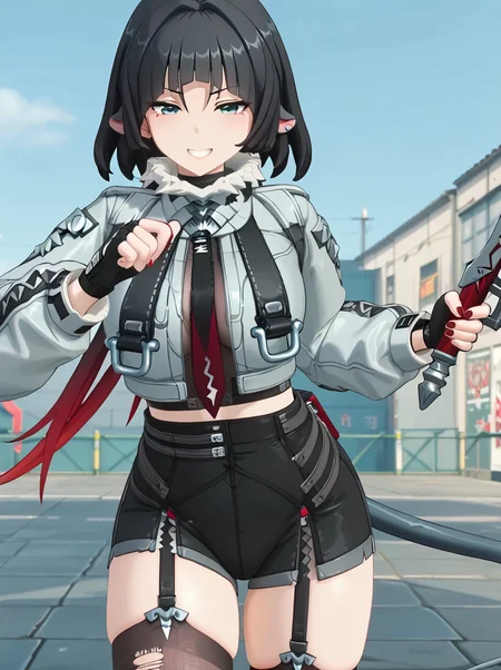 detailed background,
<lora:zzzjane.pony:1>
zzzjane,
large breasts,
half-closed eyes, holding weapon, grin, kunai, short sword,
outdoor,