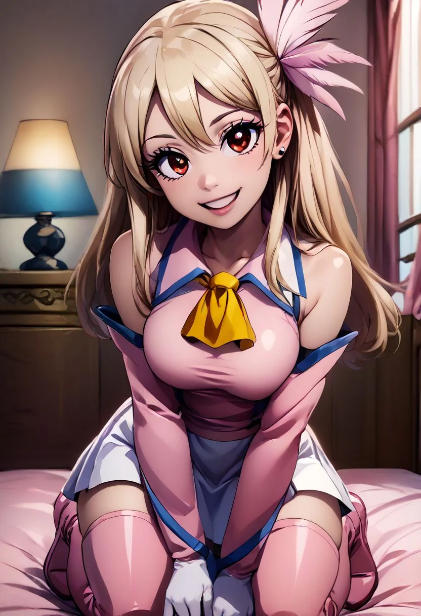score_9, score_8_up, score_8, medium breasts, cute, eyelashes ,
aaLucy, blonde, brown eyes,
1girl, :d, ascot, bed sheet, bedroom, black thighhighs, blouse, blurry background, boots, collarbone, curtains, detached sleeves, earrings, feather hair ornament, feathers, full body, gloves, hair between eyes, hair ornament, head tilt, indoors, jewelry, kneeling, long hair, long sleeves, looking at viewer, miniskirt, on bed, open mouth, pink feathers, pink footwear, pink shirt, pink sleeves, pleated skirt, red eyes, shirt, silver hair, skirt, sleeveless, sleeveless shirt, smile, solo, thigh boots, thighhighs, white gloves, white skirt, yellow ascot, zettai ryouiki