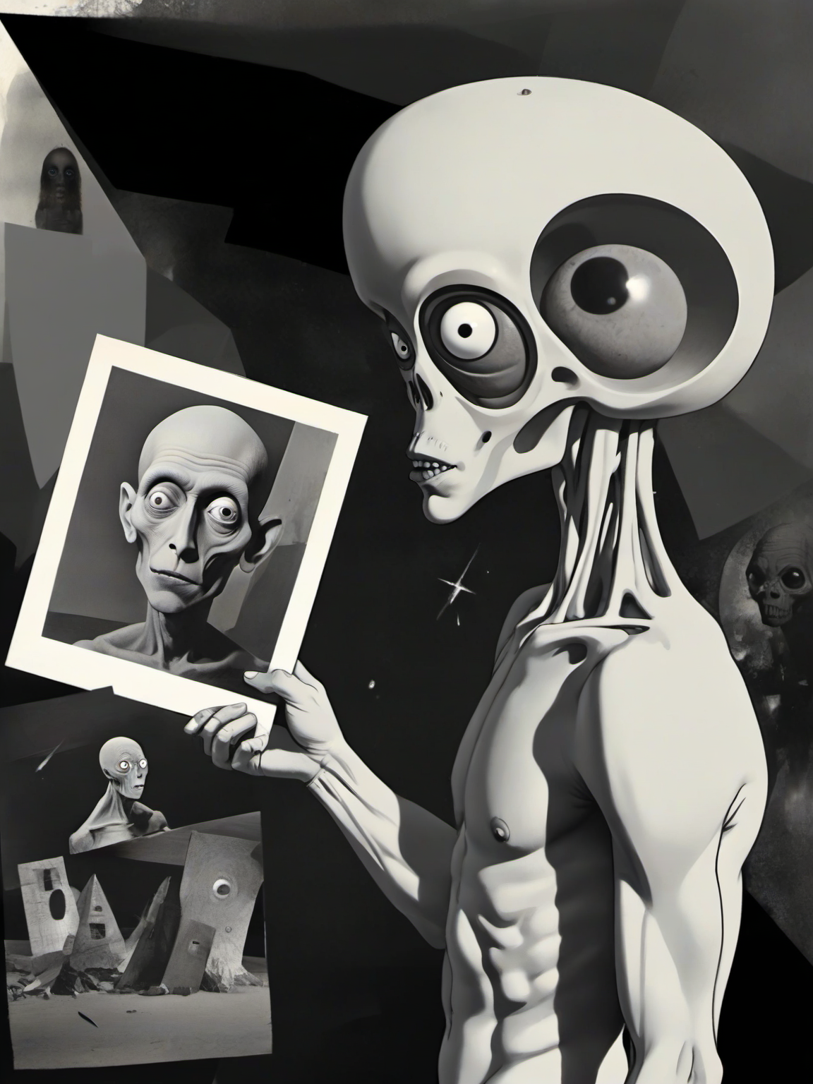 photo of a (prehistoric man) who is (holding) a (portrait of a gray alien), de-constructed image, assemblage, de-construction art, exploded view, geometric background, hd-details, deda style by Hannah Höch, Max Ernst, Man Ray, <lora:DeconDada-000008:0.5>