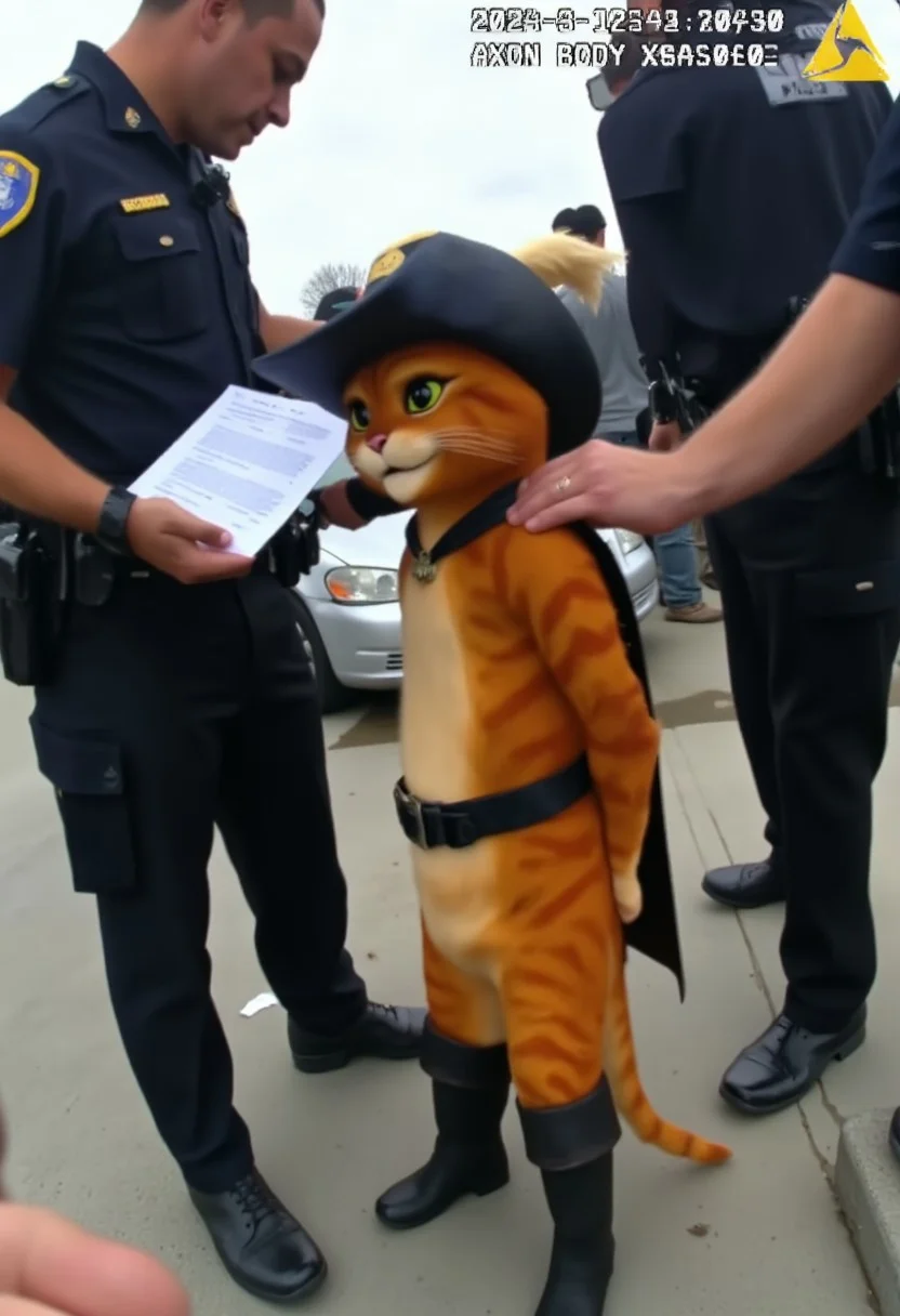 small tiny cat, pussinboots, wearing a cavalier hat with feather, cape, belt and boots at a tanding in the center of the image, arms behind his back since he is beeing detained, two police officers are around him, one of them with documents in hand reading elmo his rights, the other officer has one hand on elmos shoulder. An arm of the officer wearing the police bodycam can be seen in the frame. As seen by a bodycam
<pussinboots>
bodyCam