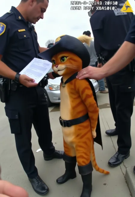 small tiny cat, pussinboots, wearing a cavalier hat with feather, cape, belt and boots at a tanding in the center of the image, arms behind his back since he is beeing detained, two police officers are around him, one of them with documents in hand reading elmo his rights, the other officer has one hand on elmos shoulder. An arm of the officer wearing the police bodycam can be seen in the frame. As seen by a bodycam
<pussinboots>
bodyCam