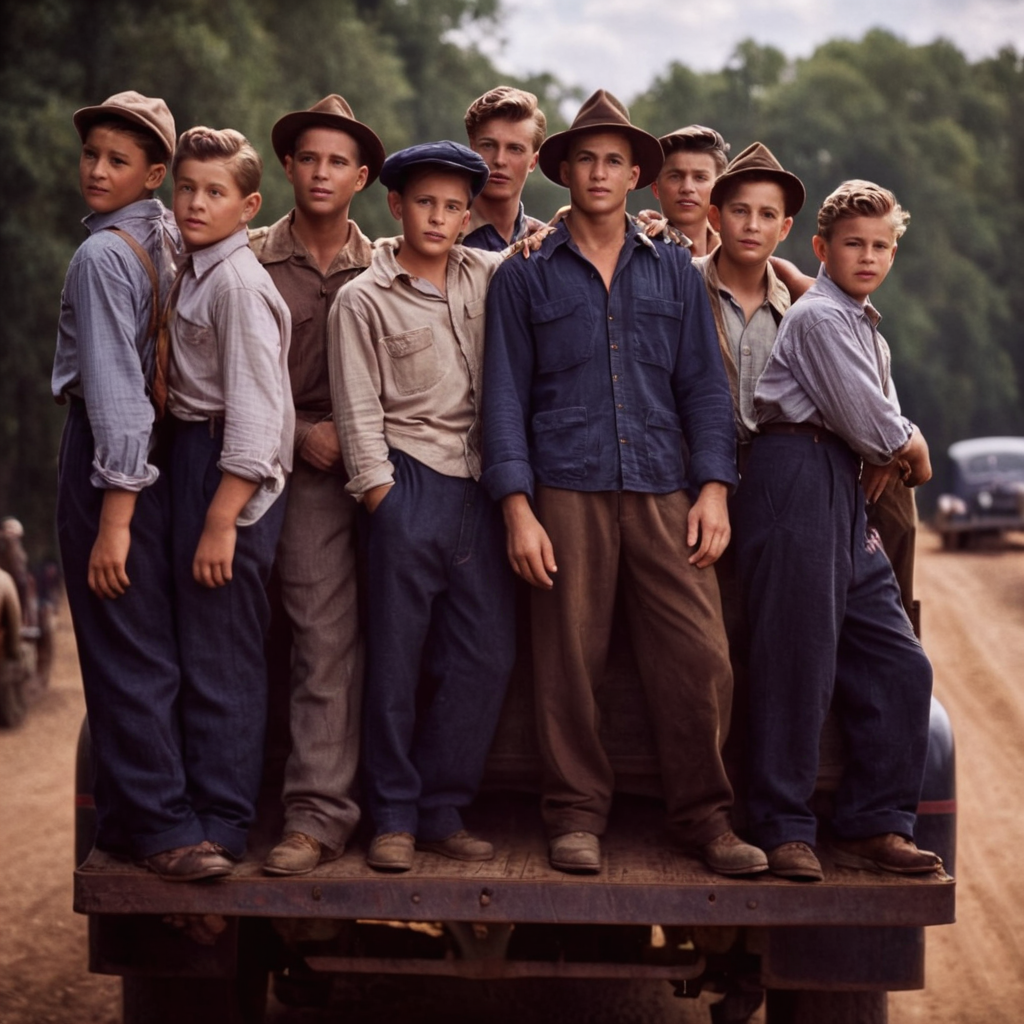 cinematic film still of  <lora:1940's style:1>
In the 1940's a group of men standing on the back of a truck,shirt,hat,multiple boys,signature,ground vehicle,6+boys  ,realistic,realism,perfection,perfect,filmic,retro,vintage,classic,different haircut,different look,different style,1940's style , 1940 style, shallow depth of field, vignette, highly detailed, high budget, bokeh, cinemascope, moody, epic, gorgeous, film grain, grainy