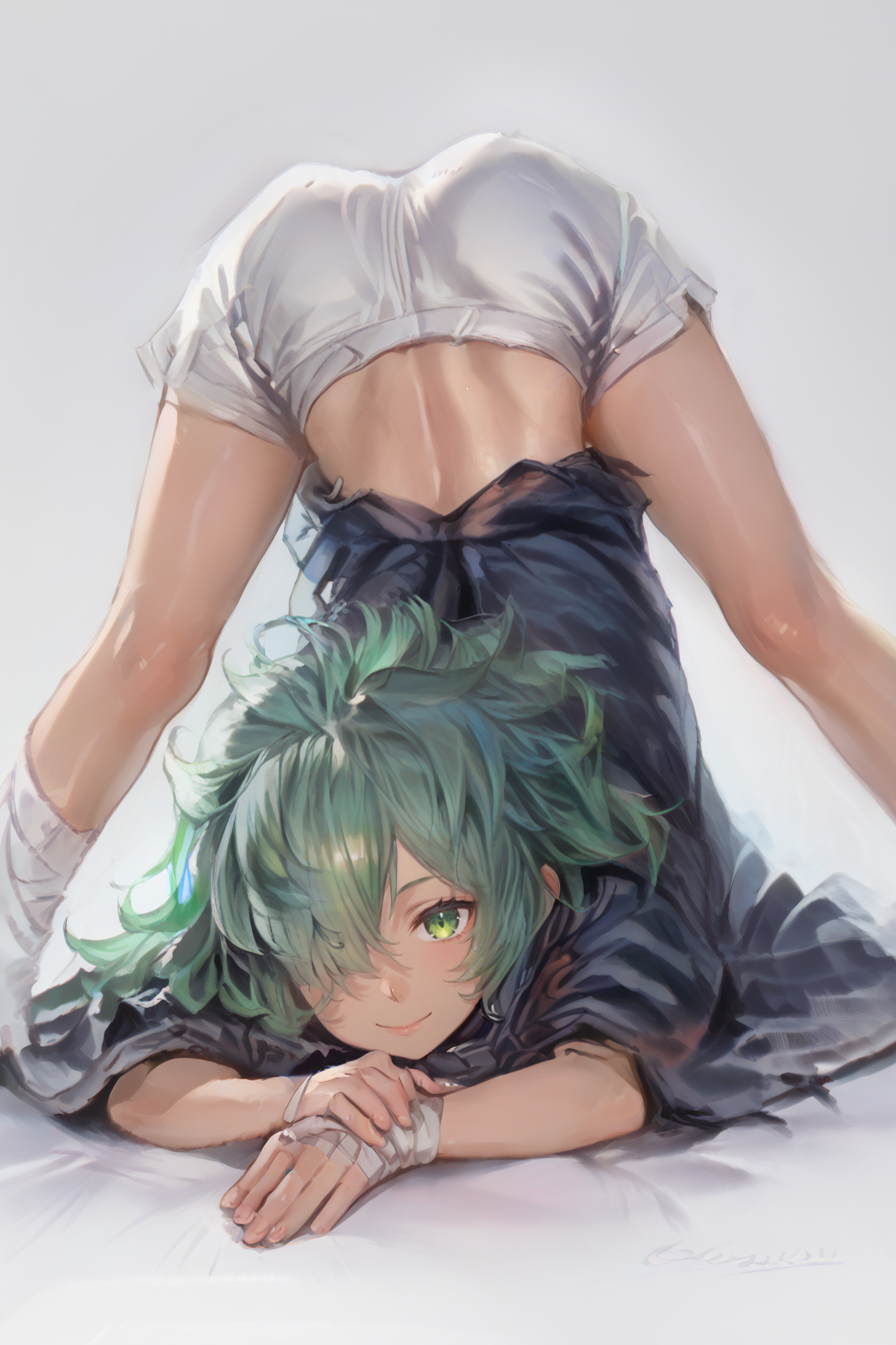 score_9, score_8_up, score_7_up, score_6_up, score_5_up, source anime, small breasts, looking at viewer,  solo, <lora:Kolulu_Granblue_Fantasy:0.8> , kolulu \(granblue_fantasy\), koluludef, (dark skin), green hair, green eyes, long hair, bandages, hair over one eye, (cloak), midriff, shorts, living room, smile, <lora:hand 4:0.7> , Hand, hands, perfect hands, <lora:2024_PandoraBox_V1:1> , P4ndora_PS, ANM_PluS, <lora:jack-o_challenge_pony:1> , jack-o'_challenge, top-down_bottom-up, meme, spread_legs, from behind, ass, feet out of frame,
