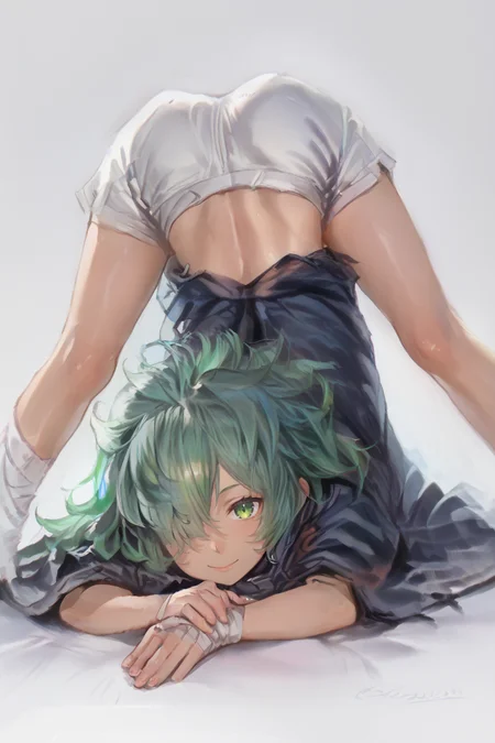 score_9, score_8_up, score_7_up, score_6_up, score_5_up, source anime, small breasts, looking at viewer, solo, <lora:Kolulu_Granblue_Fantasy:0.8> , kolulu \(granblue_fantasy\), koluludef, (dark skin), green hair, green eyes, long hair, bandages, hair over one eye, (cloak), midriff, shorts, living room, smile, <lora:hand 4:0.7> , Hand, hands, perfect hands, <lora:2024_PandoraBox_V1:1> , P4ndora_PS, ANM_PluS, <lora:jack-o_challenge_pony:1> , jack-o'_challenge, top-down_bottom-up, meme, spread_legs, from behind, ass, feet out of frame,