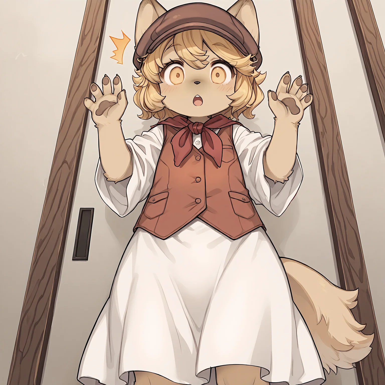 masterpiece, best quality, (absurdres), (highest quality), amazing quality, very aesthetic, no humans,
BREAK, <lora:Mei_Marzipan_Illustrious_V1:1>, mei marzipan, fuga: melodies of steel, kemono, furry female, 1girl, child, beige fur, blonde hair, yellow eyes, dog girl, animal ears, dog tail, dog ears,
BREAK, fuga 2 outfit, dress, red scarf, vest, hat,
BREAK, close-up, sunny, outside, standing, :o, surprised, low angle view, looking at viewer,