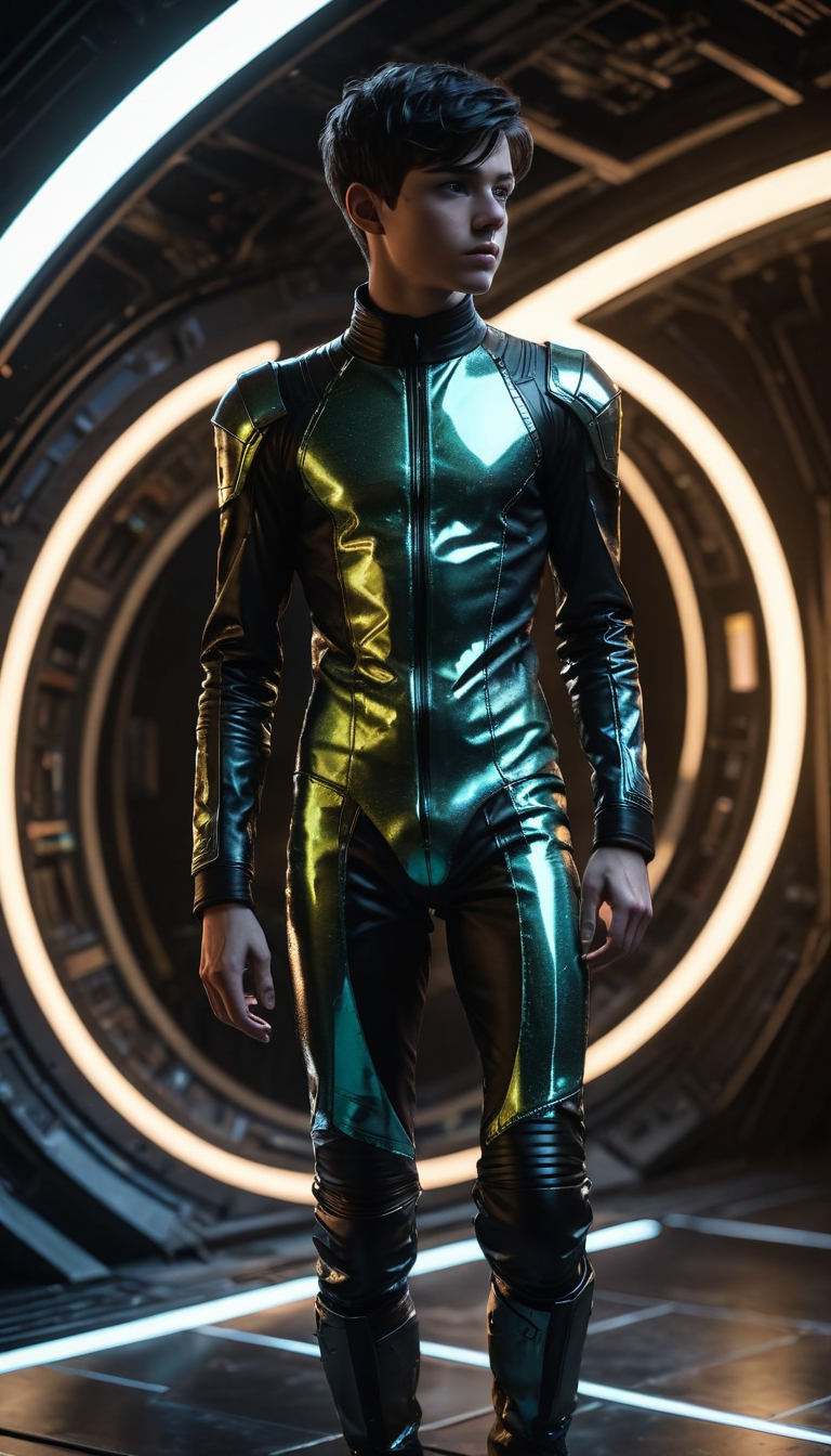 scifi full body masterpiece, 19yo twink, tight iridescent outfit, detailed face, short dirty black hair, (Chiaroscuro, Filmgrain, Cinematic LUT), by Syd Mead and Rembrandt, Space and Eclipse, <lora:sdxl_lightning_8step_lora:1>