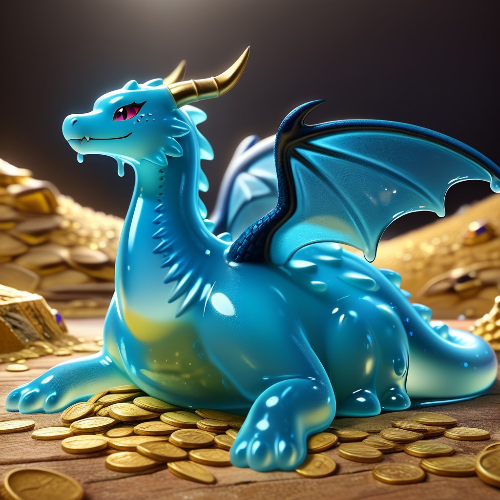 1dragon, highly detailed black  dragon, black dragon made out of slime, scaly black slime dragon, slime dragon with red eyes, black slime dragon laying in its hoard, black slime dragon with wings, dragon wings, detailed claws, detailed feet, detailed tail,
multi-colored gems made out of slime, in a room of treasure made out of slime, tiny gold coins and bars made out of slime, piles of tiny coins, piles of tiny gold slime coins, piles of gold slime, tiny gold slime coins, only tiny coins, translucent slime coins, 
treasure-room, treasure, gemstone, coins, gold bars, gold pile, 
everything made of slime, No simple background,
((translucent slime)), ((transparent slime)), (bioluminescent slime), sl1m3d, slime, slime-morph, saturated colors,