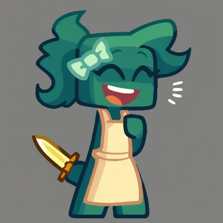 Score_9, score_8, score_7, score_6, source_cartoon, KintGurl, 1girl, solo, female focus, 2D, digital art, flat colors, clean lines, cartoonish, cartoon, Gradient shading, bold outlines, humanoid, square head, armless, disembodied hands, floating hands, Dark teal skinned female, Teal skin, colored skin, Black sclera, yellow eyes, circular eyes, no nose, no eyebrows, Ponytail, neckless, floating head, Tied hair, long hair, wavy hair, dark teal hair, teal hair, bow, bow on hair, light green bow, yellowish white apron, apron, full body, standing, Holding knife, holding weapon, holding, yellow knife, golden knife, smile, smiling, teeth, happy expression, happy, closed eyes, ^^, ^ ^, hand on chest, open mouth, angled view, gray background