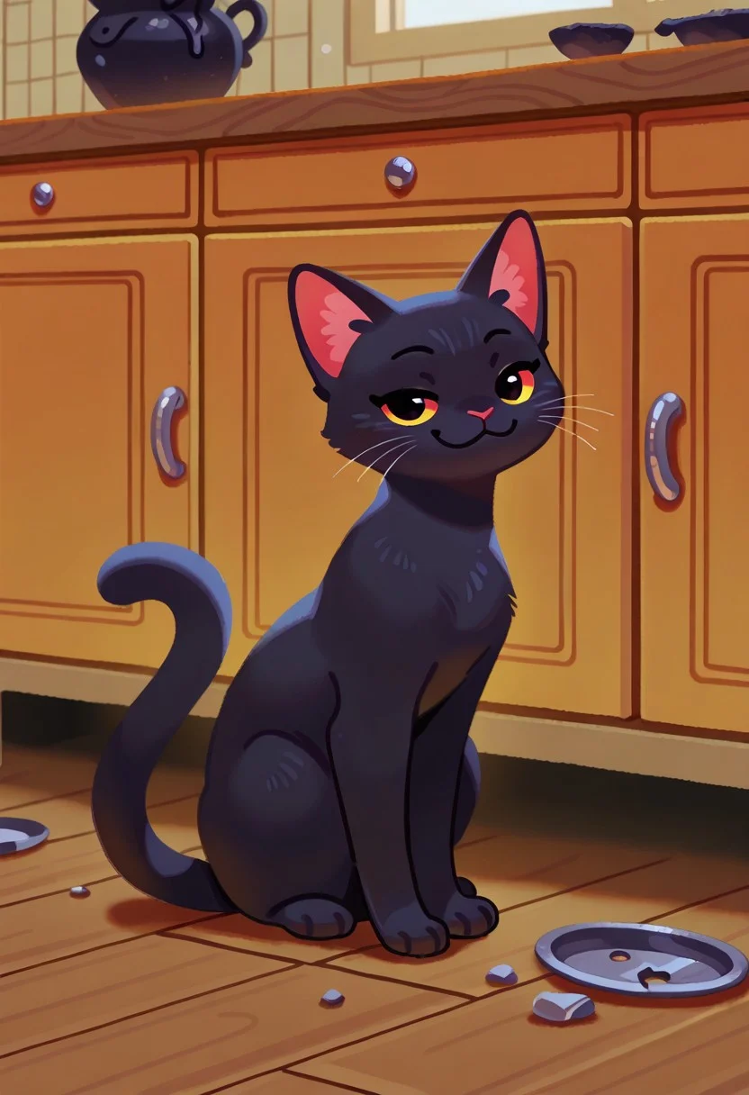 (masterpiece, best quality, high quality, highres), very awa, highres, absurdres, detailed, intricate,
pikaole, cute,
no humans, solo, full body, animal focus,
black cat sitting on a table, arrogant, smug, looking at viewer, broken vase on the floor,
cozy kitchen background, indoors,
