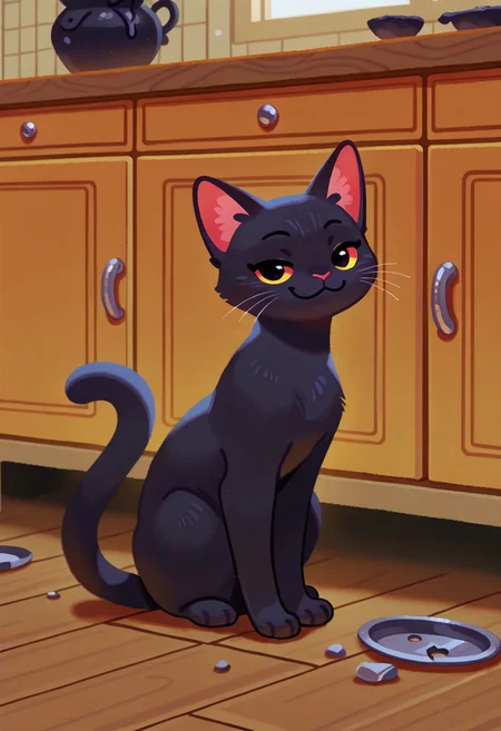 (masterpiece, best quality, high quality, highres), very awa, highres, absurdres, detailed, intricate,
pikaole, cute,
no humans, solo, full body, animal focus,
black cat sitting on a table, arrogant, smug, looking at viewer, broken vase on the floor,
cozy kitchen background, indoors,