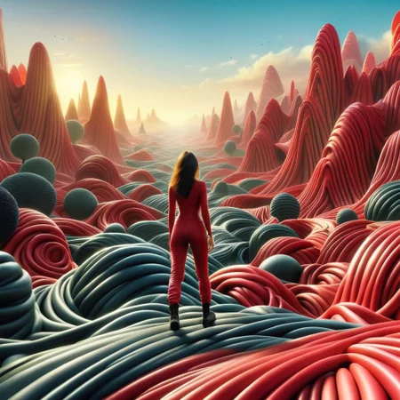 rbbrwrld woman in a rubbrwrld landscape