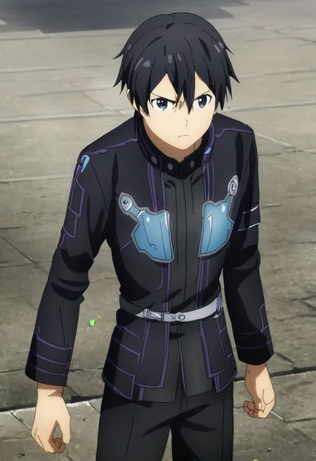 high resolution, professional photography, solo, best quality, 1Boy, Kazuto Kirigaya, Black Hair, Black Eyes, dystopia, black jacket, black shirt, serious looking, black pants, armor, dark fantasy, OverallDetail