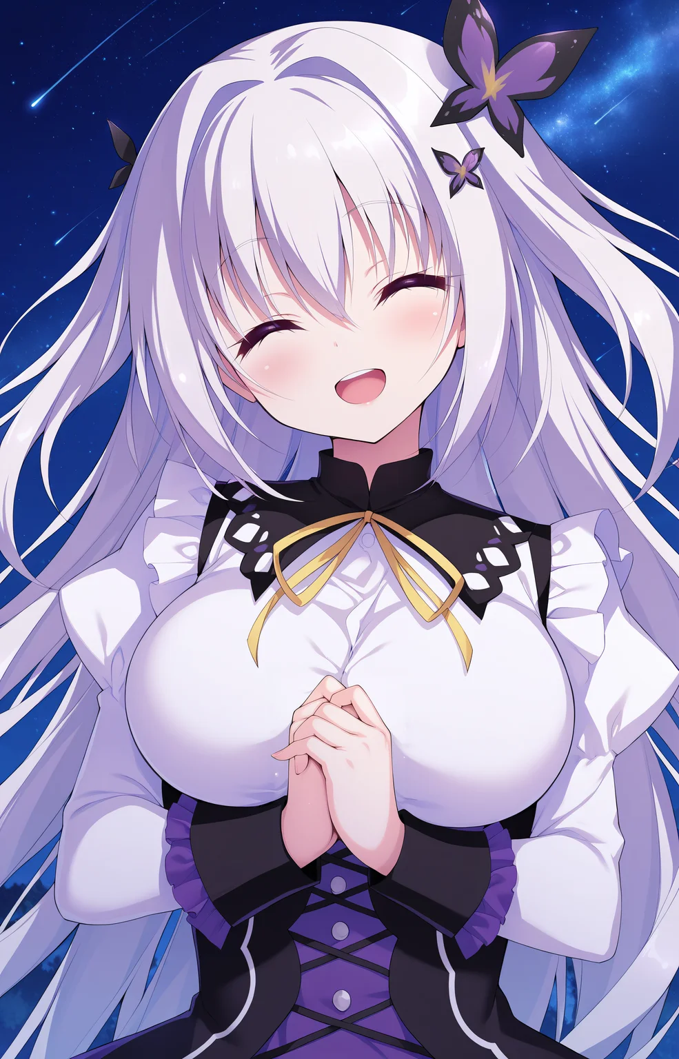 masterpiece, best quality, high quality, detailed, absurdres,newest, scenery, 1girl, solo, official style,best perspective,depth of field, very_aesthetic, best_quality ,high_resolusion, (8K:1.5),,crisp quality, ultra detailed,perfect anatomy,perfect lighting,anime screencap, perfect eyes,detailed eyes,<lora:Ran_Flip_Flop_V2_Illustrious:1>,1girl,Ran,Blue eyes,Long hair,white hair, Very long hair,hair between eyes,bangs,hair intakes,two side up,large breasts,uniform ran,Skirt,purple skirt,hair ornament,long sleeves,frills,white shirt,butterfly hair ornament,shirt,ribbon,white shirt,puffy sleeves,star (sky), sky, light smile, starry sky,night sky, open mouth,upper teeth,smile,laugh,(closed eyes:1.3),(upper body:1.5), solo focus, facing viewer, floating hair, outdoors,light blush, galaxy, light particles,center,shooting star, hands up,glowing,wind,(night:1.3),(watercolor:0.4),(pastelcolor:0.4),head tilt,hands up,own_hands_together, ^_^,knees up, feet out of frame,
(masterpiece,amazing quality,best quality,ultra-detailed,8K,illustration, amazing quality, newest, absurdres),