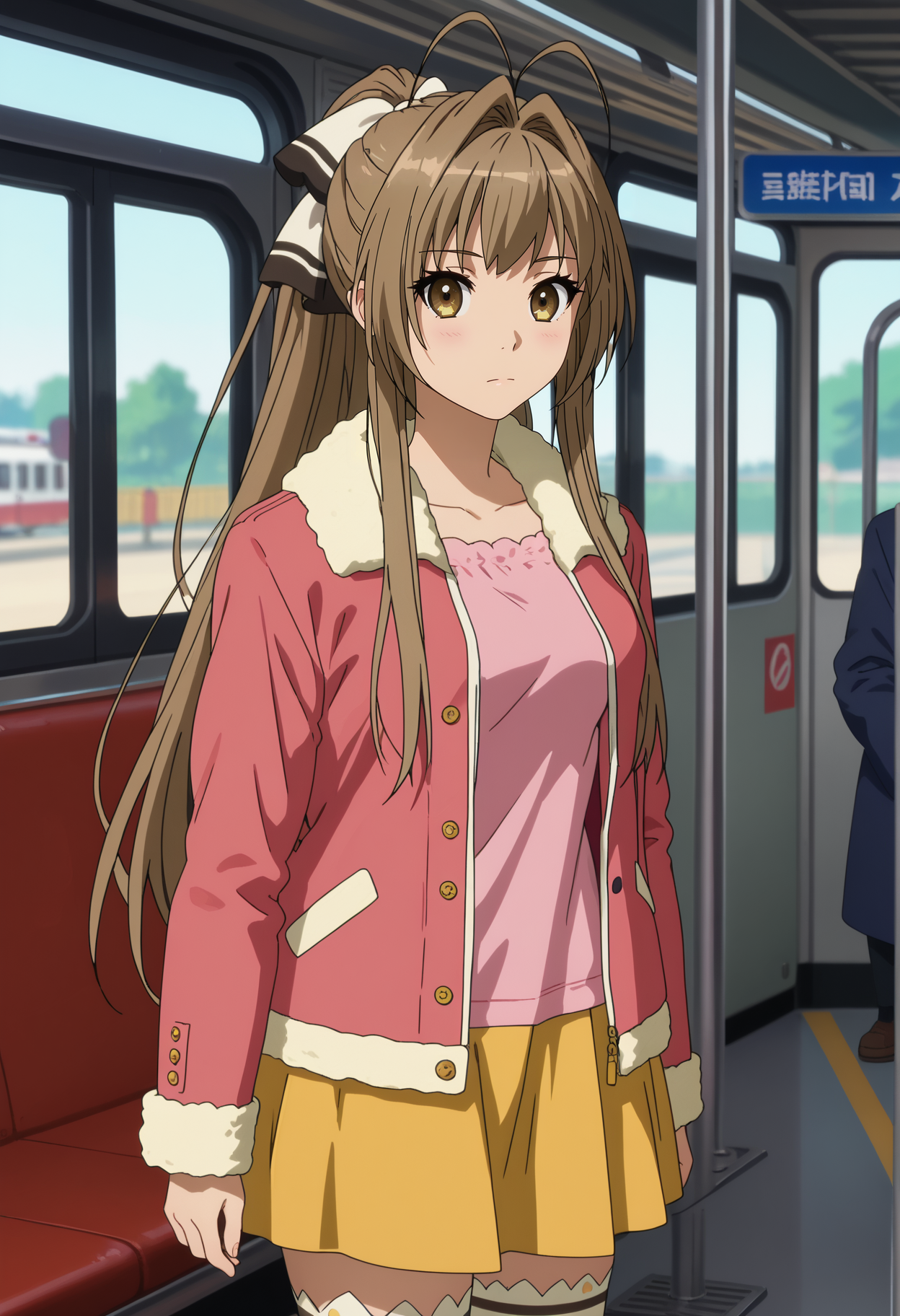 score_7_up, anime screencap,
<lora:AmagiBrilliantPark_SentoIsuzuXL:0.9>,
1girl, solo, closed mouth,
long hair, ponytail, brown hair, antenna hair, hair intakes, brown eyes, hair bow,
SentoCasual, open jacket, pink jacket, fur trim, pink shirt, long sleeves, yellow skirt, white thighhighs,
standing, looking at viewer, thigh gap,
blurry background, outdoors, train station