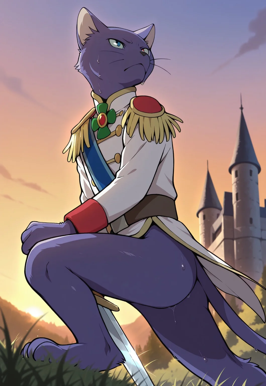 masterpiece, best quality, amazing quality, 1boy, solo, male focus, furry male, prince_lune, purple fur, military uniform, holding sword, leaping forward, evening, sweat, sword training, outdoors, castle