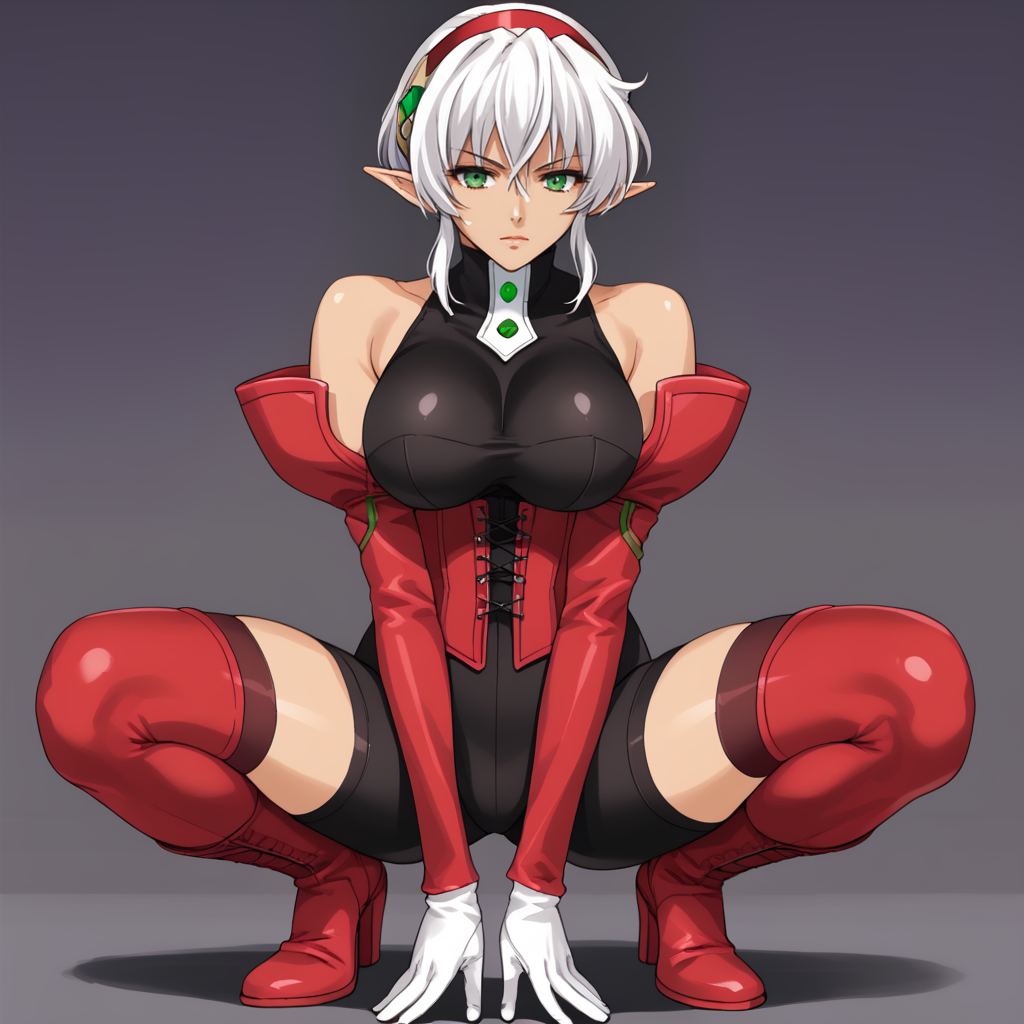 1girl, solo, squatting  <lora:DominiaXLpony:1> Dominia, green eyes, white hair, short hair, hairband, pointy ears, dark skin, large breasts, bare shoulders, red sleeves, white gloves, black bodysuit, red corset, red thighhighs, boots,