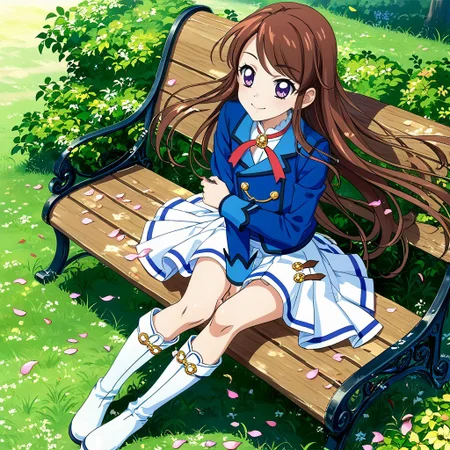 score_9, score_8_up,score_7_up,game cg,official art, uncensored, convenient censoring, covering privates,
rating_safe,
modeling, expressive hair, expressive clothes, dutch angle,wind
, smile
,falling petals, sitting, bench,pigeon-toed, legs together,from above,
<lora:shibranVXV:0.8> shibukiran, purple eyes, brown hair, long hair, starlight academy school uniform,,blue jacket,white skirt white footwear, knee boots,