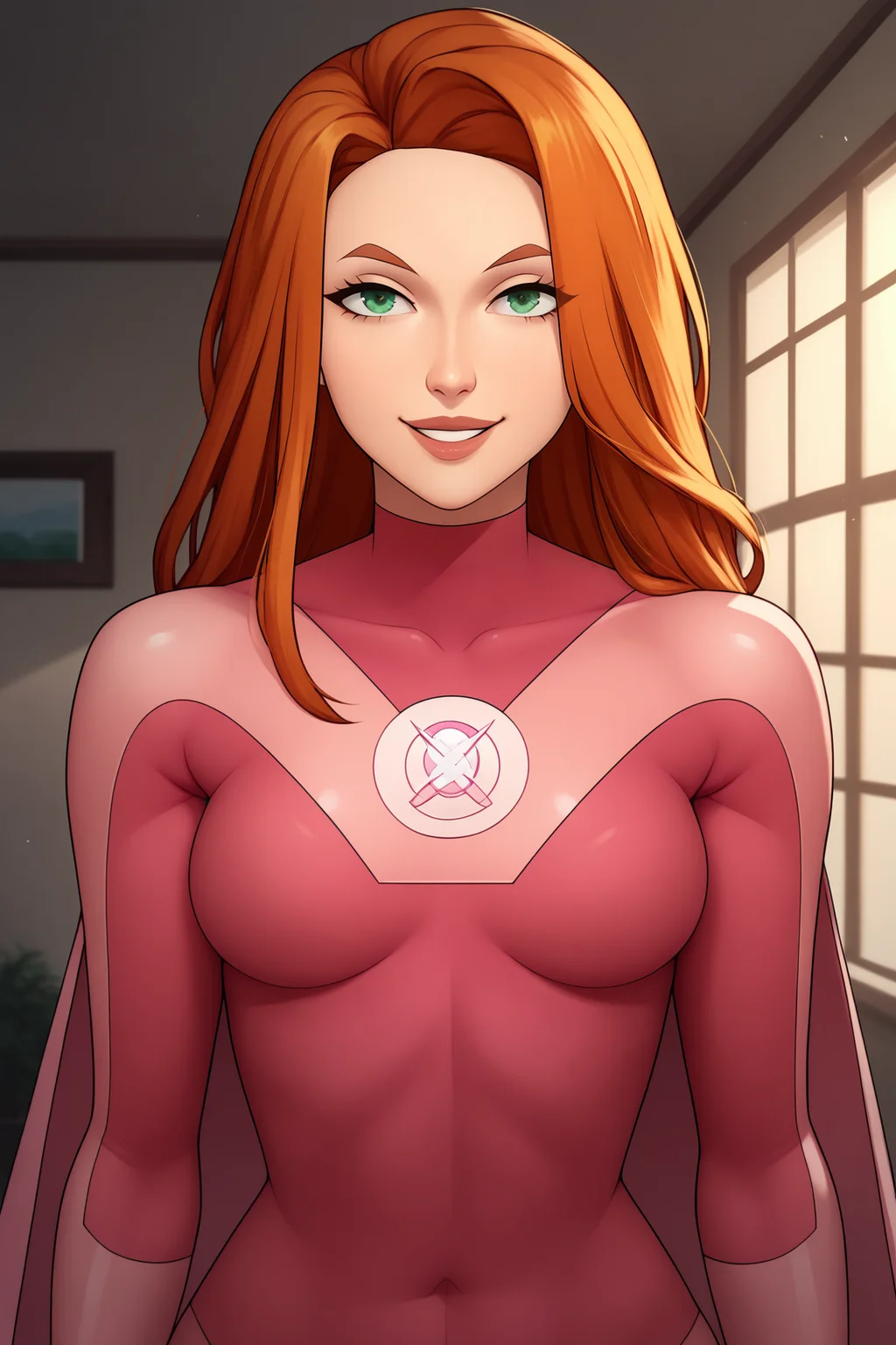 score_9, score_8_up, score_7_up, score_6_up, BREAK, AtomEveIXL, green eyes, orange hair, long hair, medium breasts, superhero, pink cape, pink bodysuit, long sleeves, pink elbow gloves, solo, front view, (portrait, upper body), solo focus, seductive smile, looking at viewer, indoors <lora:AtomEveIXL:1>