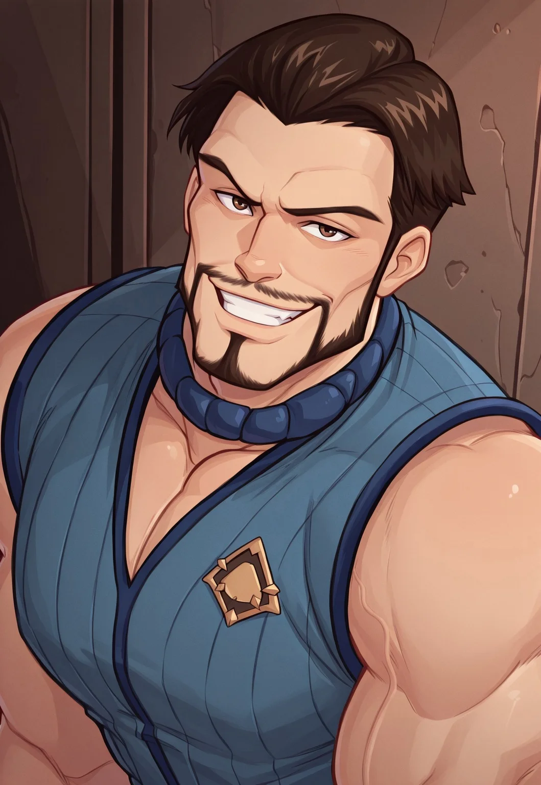 solo, masterpiece, modern, new, 1boy, male, masculine face, daddy looking face, w0lfc0nf
WinxCodatorta, brown hair, short hair, beard, sleeveless shirt, headshot, looking at viewer, smiling
