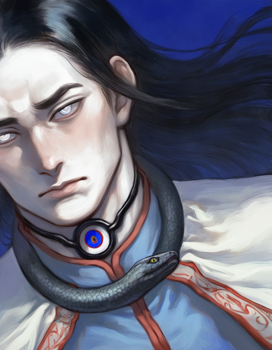 bara, manly, 1boy, black hair, blue background, blue eyes, blush, cape, close-up, closed mouth, head only, high collar, short hair, looking ahead, looking at viewer, multicolored eyes, nose, pale skin, pink lips, portrait, ringed eyes, simple background, snake choker, solo, straight hair, white cape, white eyes<lora:eps_nat:1>