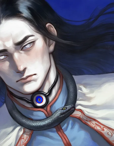 bara, manly, 1boy, black hair, blue background, blue eyes, blush, cape, close-up, closed mouth, head only, high collar, short hair, looking ahead, looking at viewer, multicolored eyes, nose, pale skin, pink lips, portrait, ringed eyes, simple background, snake choker, solo, straight hair, white cape, white eyes<lora:eps_nat:1>