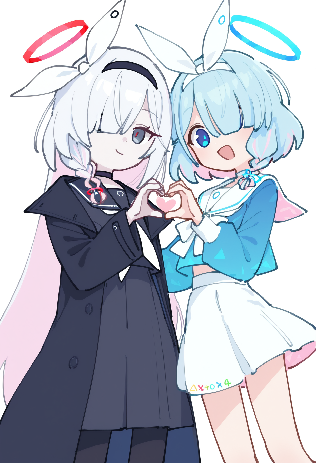 arona (blue archive), plana (blue archive), long hair, looking at viewer, smile, open mouth, short hair, blue eyes, simple background, shirt, skirt, multiple girls, long sleeves, white background, ribbon, closed mouth, 2girls, very long hair, blue hair, school uniform, white hair, pink hair, braid, multicolored hair, heart, pantyhose, pleated skirt, hairband, open clothes, choker, serafuku, black skirt, sailor collar, star (symbol), hair over one eye, black eyes, two-tone hair, halo, coat, black pantyhose, grey eyes, neckerchief, single braid, black choker, white skirt, blue shirt, black hairband, white ribbon, colored inner hair, black coat, black sailor collar, white sailor collar, open coat, black serafuku, white hairband, heart hands, blue halo, white choker, red halo, white neckerchief, red pupils, heart hands duo
, masterpiece, best quality, good quality,
<lora:firedotinc_noob-vpred1.0_prodigy-schedulefree_edm2_v4:1>
