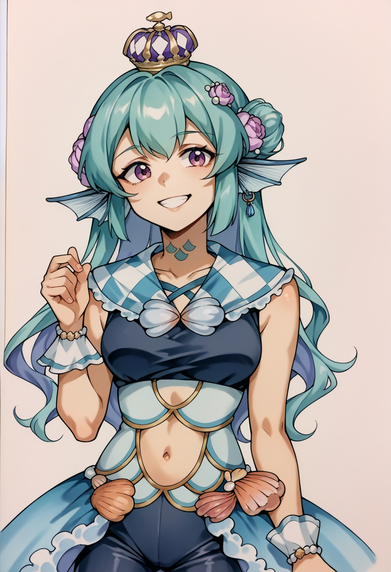 score_9, score_8_up, score_7_up, source_anime, 1girl, solo, finana1st, neck tattoo, hair flower, navel cutout, seashell, crown, frilled sailor collar, bike shorts, showgirl skirt, wrist cuffs, simple background,traditional art,lineart, smile, <lora:spfinanaRyuguXLPony:1>, <lora:Traditional_art_v4_USENEG:-0.9>