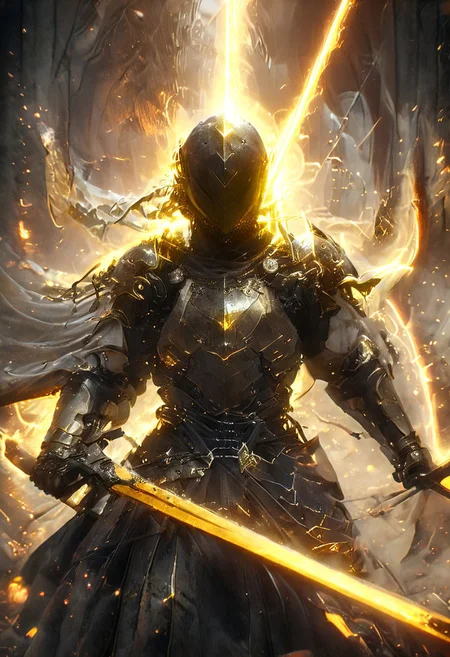 1man, Cyborg Samuraii in golden samurai armor, wearing samurai helmet and armor, golden fire, wielding dual swords:1.2, brave perspective, reflection, glowing golden fire, golden lightning shatter, , glowing sword, motion blur, emphasis line, outdoor in the darkness, looking at viewer, katanas