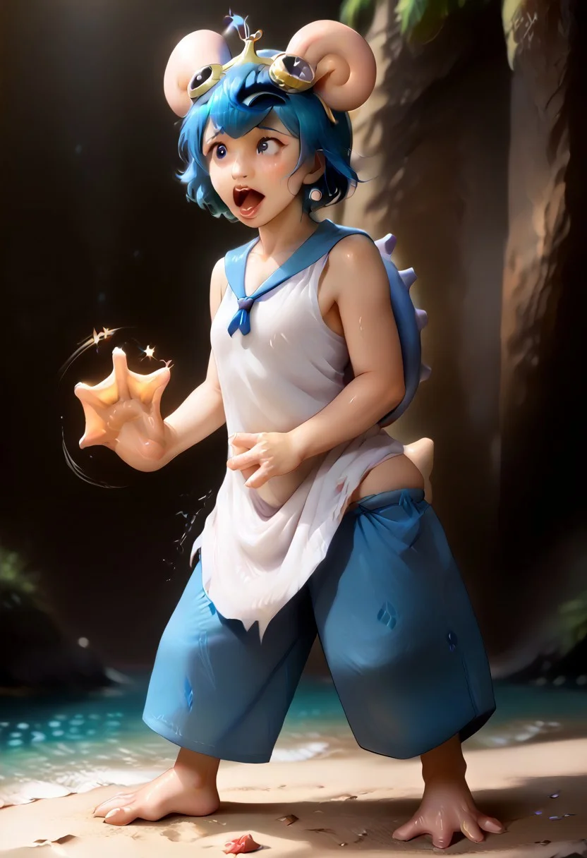 score_9, score_8_up, score_7_up, score_6_up, asymmetrical transformation, partial transformation, mid-transformation, (cutie), full body, petite cute, (lapras girl), transformation, bytransform, feral transformation, mid-transformation, nubile 18yo girl, [large head], turned away, left side view,( lana asymmetrical disfigured distorted mid-transformation into a lapras:1.2), (legtf:1.2), short tiny arms, human arms are shrinking and transforming into asymmetrical lapras flipper arms, her hands and fingers are growing and merging and starting to be transformed horrifyingly and unnaturally into lapras flippers, thick short fingers, huge puffy hands, (lapras flipper arms), ((shrinking thickening human legs)), (human legs) asymmetrical getting longer and fusing transforming into lapras hind flippers, too long feet, long lapras feet flippers, thick short toes, huge puffy feet, short tiny legs, her (mostly human face) is being transformed into an asymmetrical lapras face, her clothing is tearing as she grows:1.2), human skin, zzLana, yellow hairpiece, white shirt, sleeveless shirt, sailor collar, blue pants, baggy pants, blue hair, short, [[eye roll]], Lapras, feral lapras, blue skin, flippers, shell, ((intense pleasure and (intense fear))), shouting, screaming, scared, sweating, (cutie, young, soft features, naked:1.1), evening, beachside, sunset, dark, low lighting, ripped clothes, dynamic lighting, anthro face