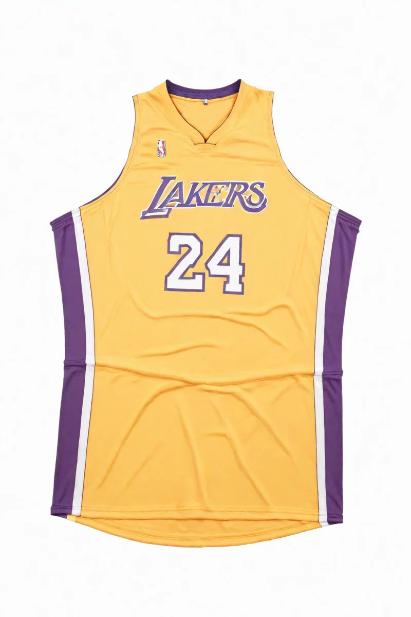 basketball uniform, solo, white background, clothes writing, sportswear,yellow shirt, no humans, simple background <lora:No.24 jersey_xl:1>,gojou satoru,