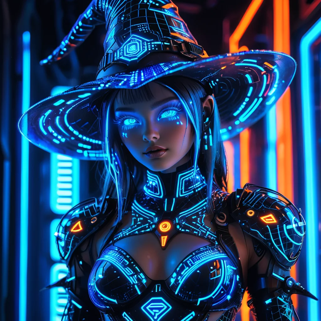 masterpiece,high resolution
1 girl, solo, futuristic witch, wearing a glowing neon witch hat with cybernetic details, her body covered in holographic blue circuitry, glowing blue eyes, wearing a sleek high-tech outfit. Her skin has a digital wireframe pattern, glowing with vibrant blue and orange neon lights. She stands in a dark, futuristic void, the neon lights casting an ethereal glow over her figure, creating a mysterious and otherworldly presence.
, <lora:halloween_x_cyberpunk-xl-9:0.6>