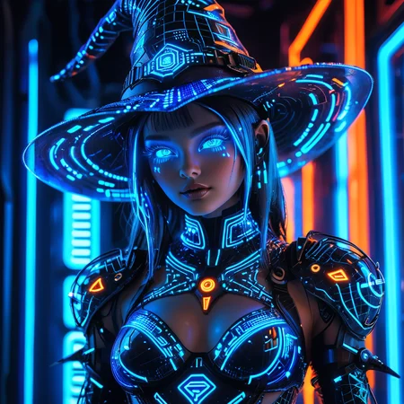 masterpiece,high resolution
1 girl, solo, futuristic witch, wearing a glowing neon witch hat with cybernetic details, her body covered in holographic blue circuitry, glowing blue eyes, wearing a sleek high-tech outfit. Her skin has a digital wireframe pattern, glowing with vibrant blue and orange neon lights. She stands in a dark, futuristic void, the neon lights casting an ethereal glow over her figure, creating a mysterious and otherworldly presence.
, <lora:halloween_x_cyberpunk-xl-9:0.6>