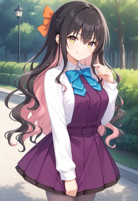 1girl, solo, park, cowboy shot, standing, <lora:KC_01DD_naganami_pony-000016:1>naganamikc, multicolored hair, black hair, pink hair, colored inner hair, hair bow, orange bow, wavy hair, very long hair, bangs, hair between eyes, purple eyes, yellow eyes, gradient eyes, medium breasts, naganamidefkc, halterneck_sleeveless_dress, purple dress, white shirt, white sleeves, long sleeves, blue bowtie, purple skirt, pleated dress, grey pantyhose, score_9,score_8_up, score_7_up, source_anime, masterpiece, best quality, official art, official style, game cg, megami magazine, rating_safe, rating_questionable, <lora:Fixhands_anime_bdsqlsz_V1:0.75>, NEGATIVE_HANDS