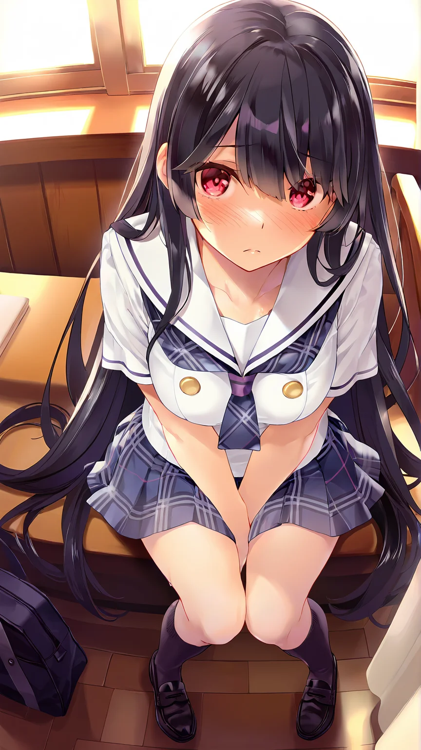 amazing quality,absurdres,best quality,masterpiece,highres,newest,detailed,detailed body,detailed face,masterpiece,best quality,solo,
mihamamiyu,1girl,very long black hair,red eyes,white serafuku school uniform,plaid pleated skirt,kneehighs,loafers,
<lora:ç¾æµ è© ï¼ã¿ã¯ã¾ ãã¿ï¼:0.8>,