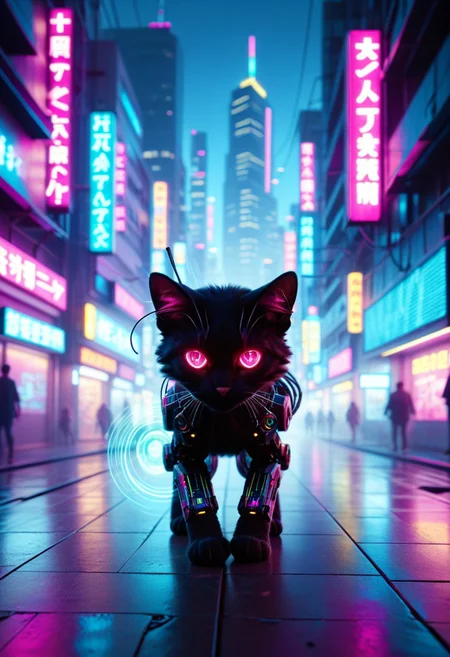 score_9, score_8_up, score_7_up, score_5_up, score_6_up, score_4_up, CyberpunkWorld, 1 animal, animal focus, cat, robotic cat, glowing eyes, neon lights, glow, sci fi, tech, cyberpunk city background, (Masterpiece:1.3) (best quality:1.2) (high quality:1.1),(motion blur:1.3), vibrant (blue:1.5) and (magenta:1.4) palette,