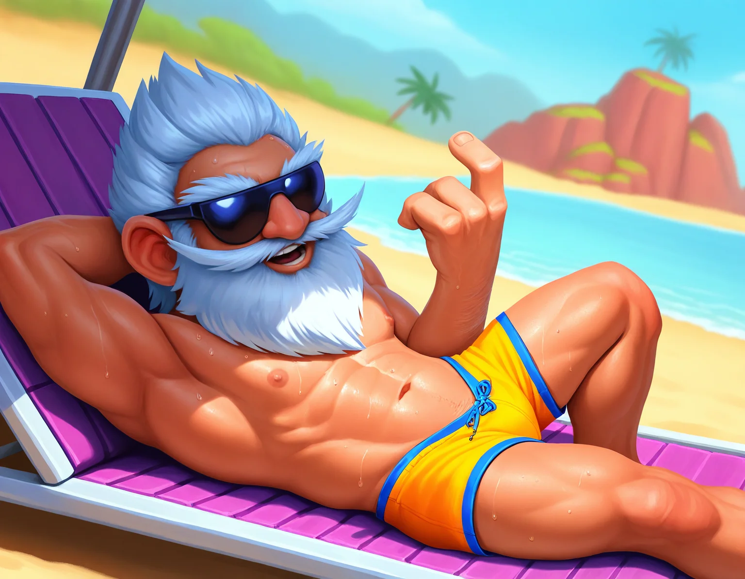 safe, masterpiece, very aesthetic, 1boy, millhouse manastorm, swimwear, muscular, sweat, beach, cocktail, sunglasses, reclining, beckoning, 3 fingers, hand behind head
<lora:MillhouseManastorm-WoW_NAIXL_v10:1>