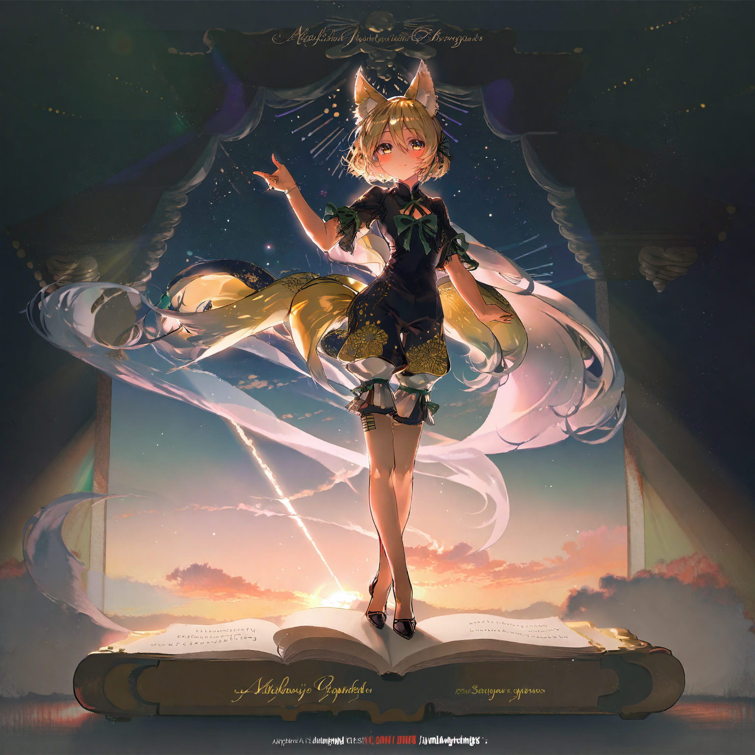 detailed, aesthetic, beautiful, beautiful color, amazing quality, best quality, 1girl, solo, medium hair, short sleeves, yellow eyes, animal_ear_fluff, fox tail, kudamaki tsukasa, romper, blonde hair, green ribbon, hair between eyes, blush, <lora:Rella:1>, <lora:kudamaki_tsukasa_image1939_2023-12-20:1>, standing, full body, english text, book, light particles, lens flare, backlighting, chibi
