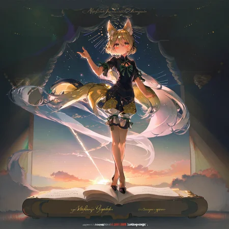 detailed, aesthetic, beautiful, beautiful color, amazing quality, best quality, 1girl, solo, medium hair, short sleeves, yellow eyes, animal_ear_fluff, fox tail, kudamaki tsukasa, romper, blonde hair, green ribbon, hair between eyes, blush, <lora:Rella:1>, <lora:kudamaki_tsukasa_image1939_2023-12-20:1>, standing, full body, english text, book, light particles, lens flare, backlighting, chibi