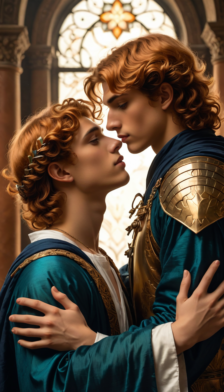 2boys, 19yo twinks, fantasy masterpiece romance novel cover by Sandro Botticelli and Rembrandt and Greg Rutkowski and Alphonse Mucha, embrace and kiss, medium ginger hair and buzzcut black black hair, (Chiaroscuro, Filmgrain, Cinematic LUT), <lora:sdxl_lightning_8step_lora:1>