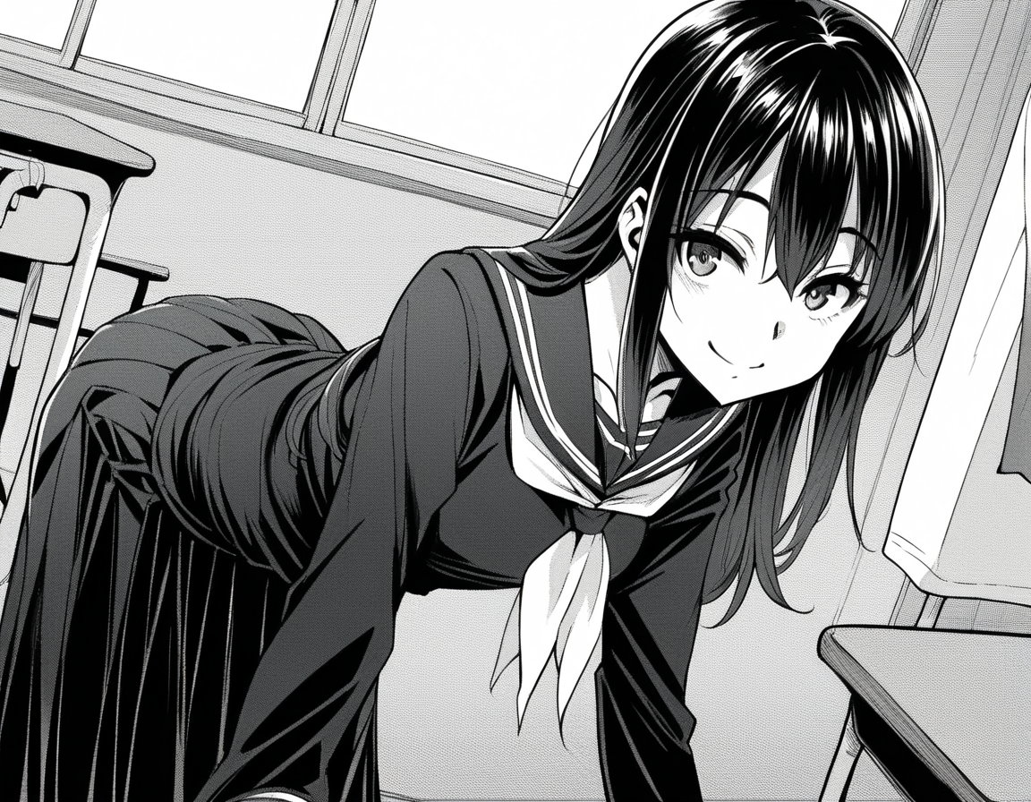 score_9, score_8_up, score_7_up, source_anime,
sakiyoshida, <lora:saki-yoshida-manga-ponyxl-lora-nochekaiser:1>,
saki yoshida, long hair, hair between eyes, monochrome, greyscale,
black hair, skirt, pleated skirt, serafuku, shirt, long sleeves, long skirt, sailor collar, neckerchief, black shirt,
indoors, classroom, bent over, smile,
looking at viewer, solo, dutch angle, cowboy shot,