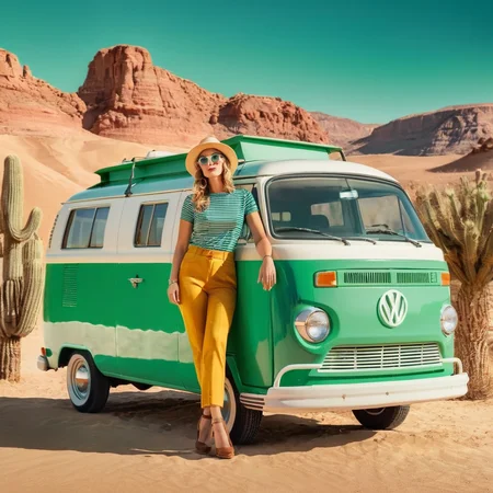 Advertising poster style, <lora:Advertising:1.5>
A creative photo of a retro woman sitting on the hood of a green retro van in desert advertising style, Professional, modern, product-focused, commercial, eye-catching, highly detailed