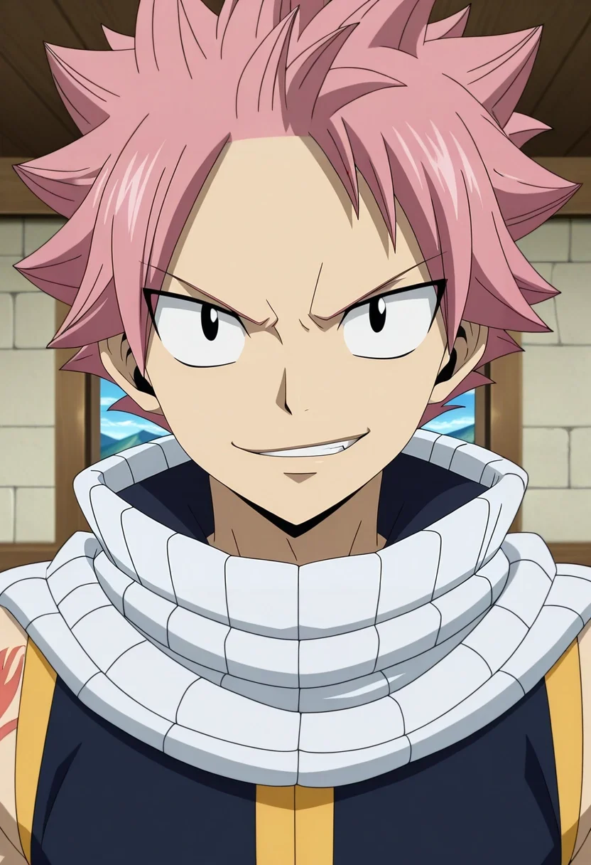 masterpiece, best quality, , anime screencap, anime coloring, , looking at viewer, 1boy, solo, male focus, <lora:natsu_dragneel_ilxl:1>, natsu_dragneel, pink hair, black eyes, spiked hair, , straight-on, mountaintop city, indoors, villain pose, smirk,