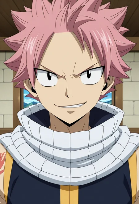masterpiece, best quality, , anime screencap, anime coloring, , looking at viewer, 1boy, solo, male focus, <lora:natsu_dragneel_ilxl:1>, natsu_dragneel, pink hair, black eyes, spiked hair, , straight-on, mountaintop city, indoors, villain pose, smirk,