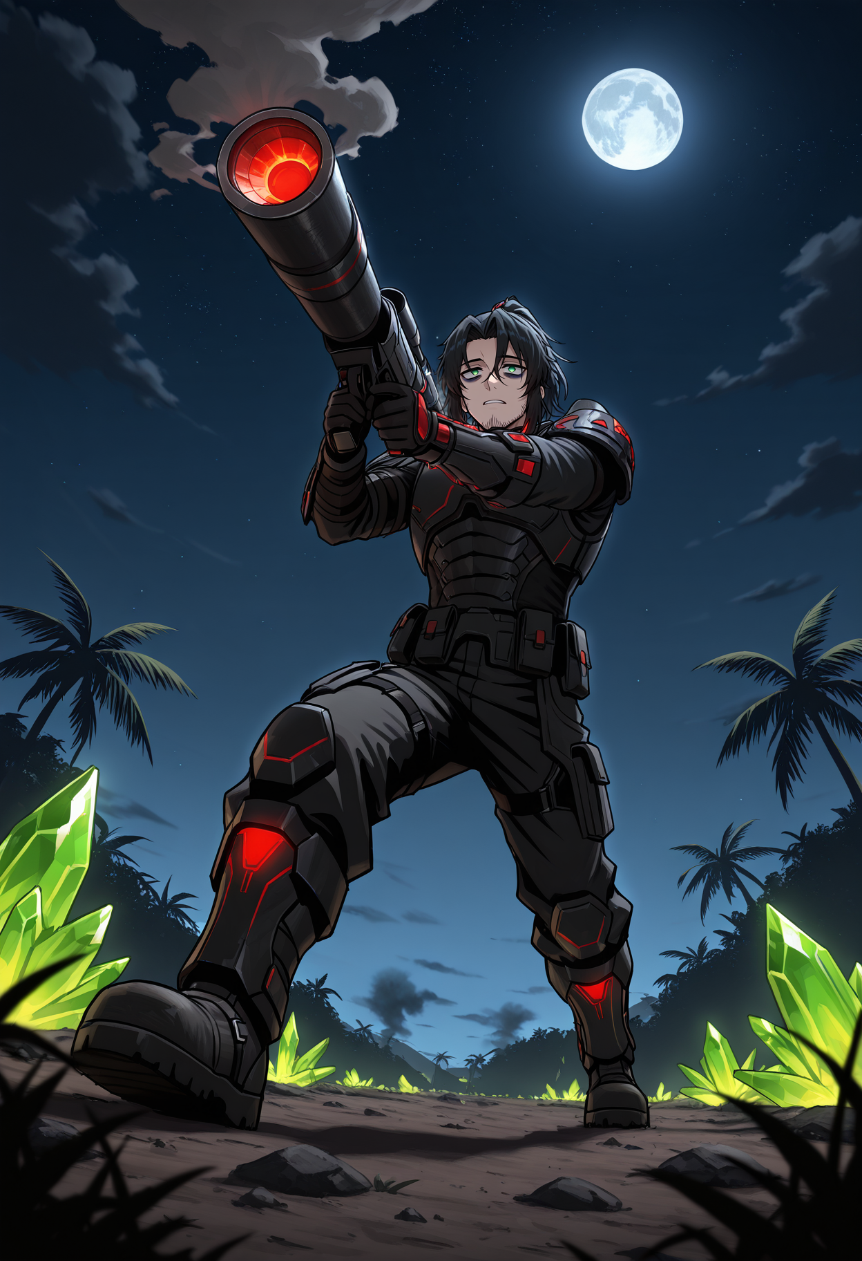 solo, 1boy, toned, stubble, black hair, medium hair, ponytail, green eyes, sunken eyes, dark circles under eyes,
night, stars, moon, jungle, glowing green crystals on ground, front view, holding rocket launcher, aiming on air, from below, blust, smoke,
nodtrooper, science fiction, armor, gloves, chestplate, shoulder armor, glowing red pieces,   <lora:trooperNODC&CIL:1.2>,  black uniform, black armor, black pants, boots,
masterpiece,best quality,amazing quality,   <lora:gogalkingIL-style:0.8>