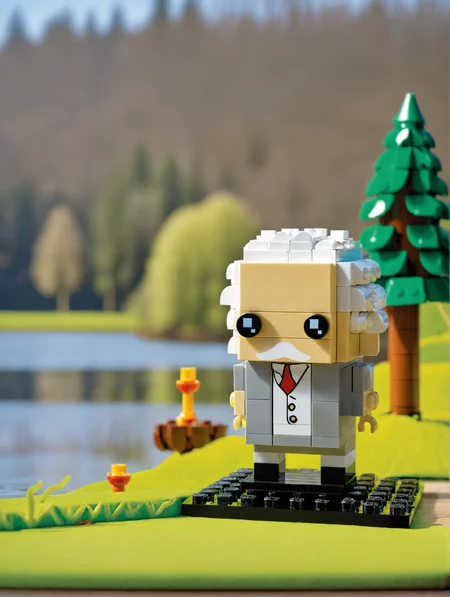 <lora:lego_v2.0_XL_32:0.8>
LEGO BrickHeadz, Einstein in grey coat, by a lake in woods