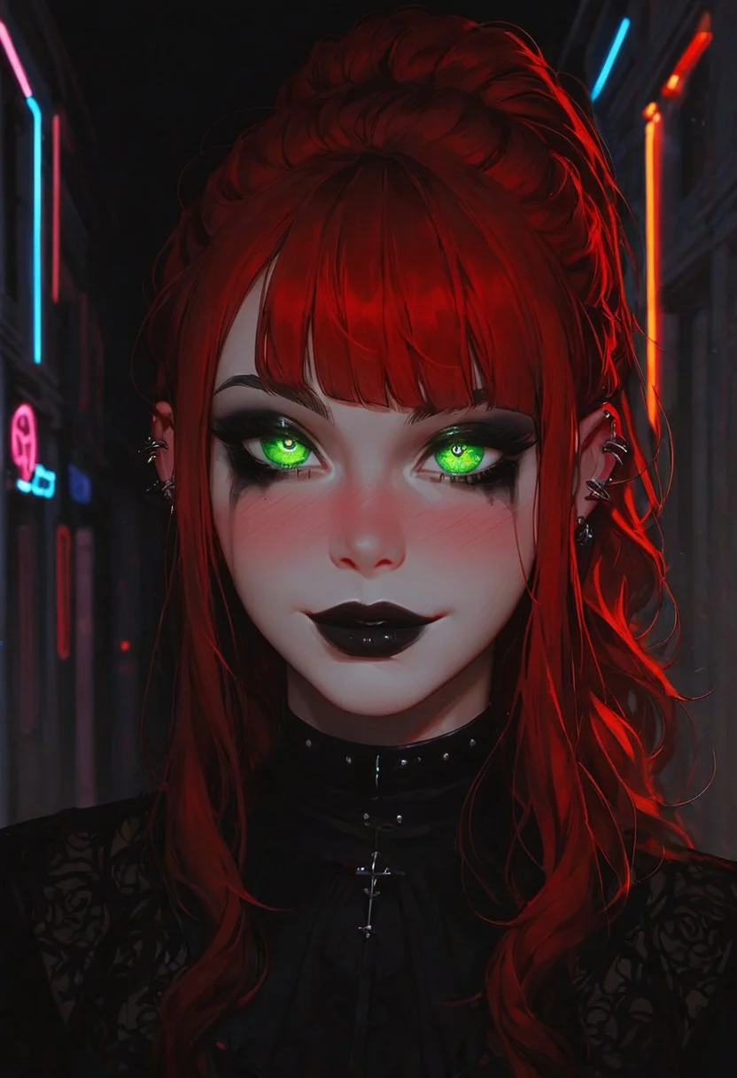 score_9, score_8_up, score_7_up, 1girl, sexy face, ponytail style hair, sexy , cute face , kawai girl, bangs, long red hair, green eyes, nose blush, godrays, goth girl, seductive smile, close up on face, beautiful detailed eyes, beautiful face, highly detailed face, neon lights, hallway, glowing, eye liner, mascara, black lipstick, goth, goth fashion, red hair, glowing eyes