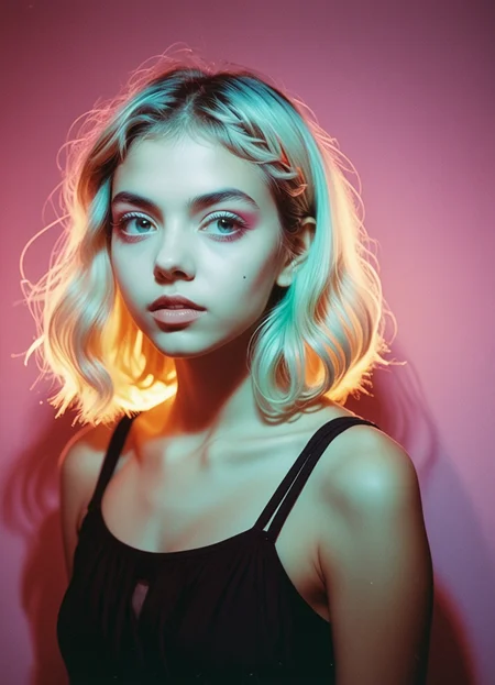 (Ombre color scheme of neon blue,neon light pink ,neon green) analog film photo anime artwork, grand photograph, Polaroid, surprised 21-year-old woman, glowing hair, canon 5d mark 4, neon light, kodak ektar, flamboyant, pastel colors, curved lines, elaborate detail, faded film, 35mm photo, grainy, vignette, vintage, Kodachrome, Lomography, stained, highly detailed, found footage (art by jc leyendecker:1.1) <lora:br1ghtXLP:0.7> multicolored <lora:43stl1ght1ngXLP2:0.7> 43stl1ght1ng, low light, dramatic lighting, darkness, neon, spotlight <lora:envyStarlight_v10:0.8> <lora:sss:0.8>