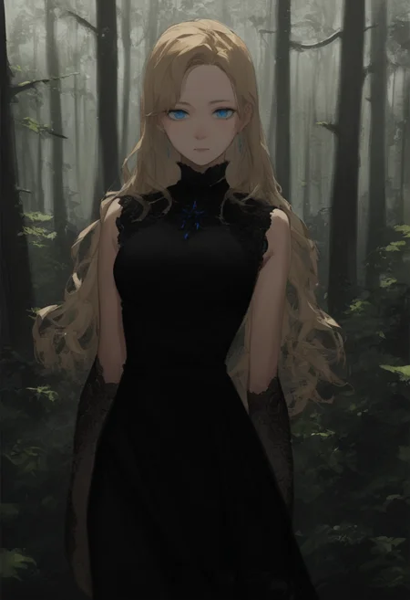 score_8_up, source_anime, adult woman, blonde hair, black dress, forest, blue eyes , looking at viewer,
<lora:DarkerThanDarkV1:0.5>